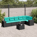 7-teiliges Gartensofa-Set mit Kissen, schwarzes Polyrattan