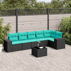 7-teiliges Gartensofa-Set mit Kissen, schwarzes Polyrattan