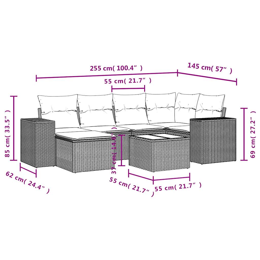 7-tlg. Garten-Sofagarnitur mit Kissen Grau Poly Rattan