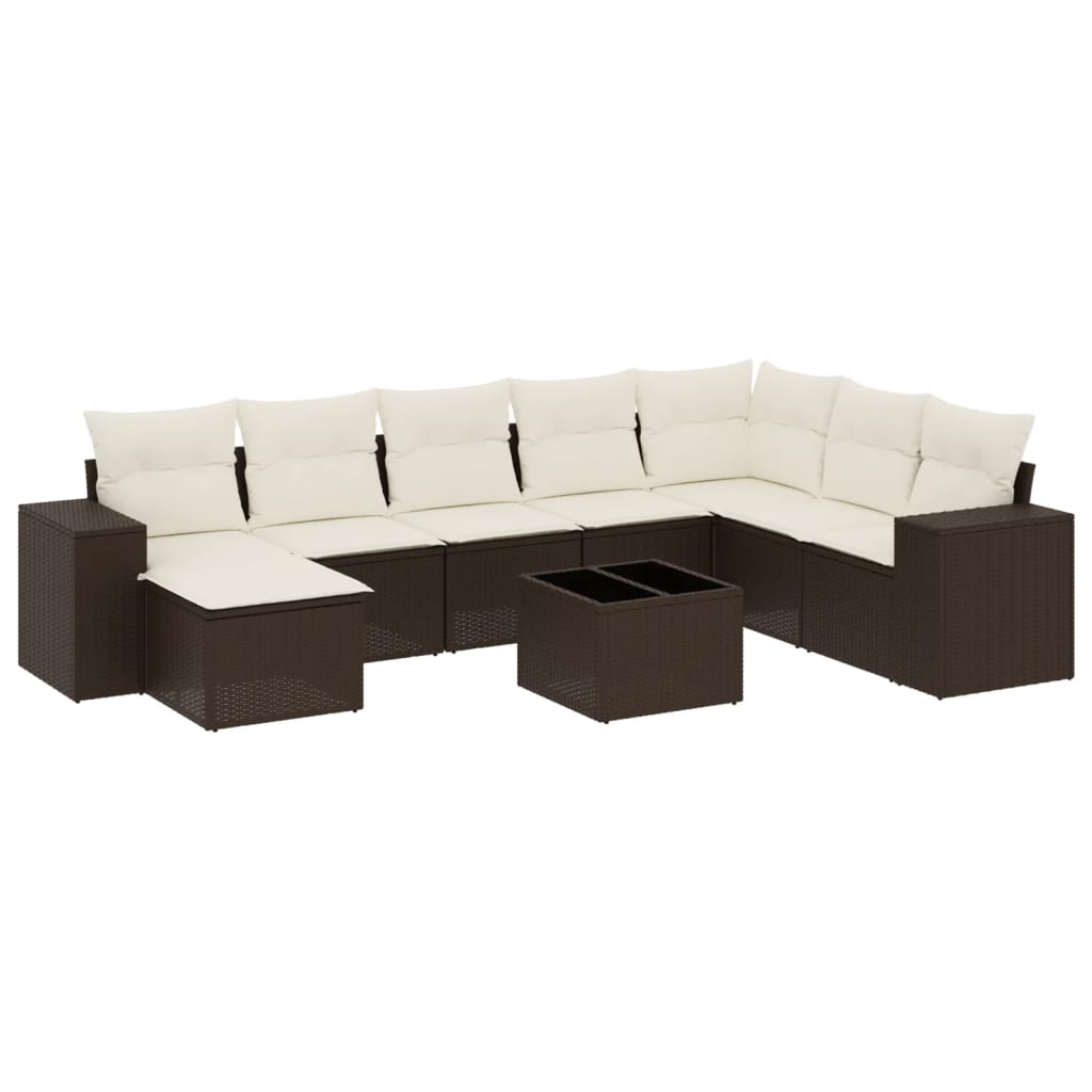 9-tlg. Garten-Sofagarnitur mit Kissen Braun Poly Rattan