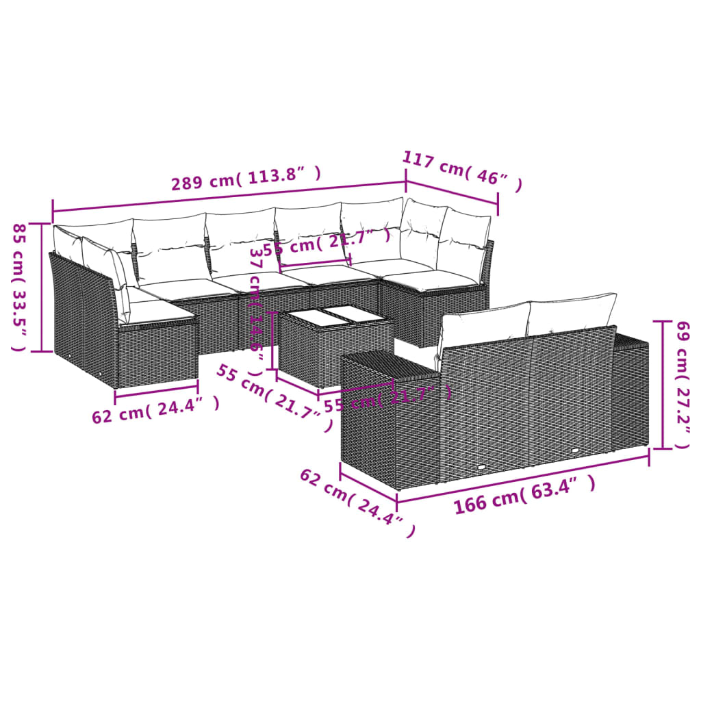 10-teiliges Gartensofa-Set mit Kissen, schwarzes Polyrattan