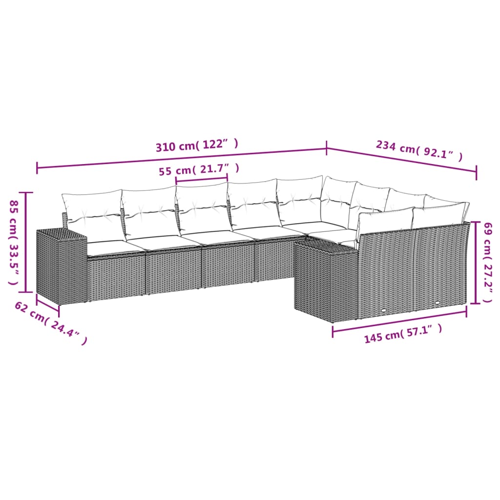 9-teiliges Gartensofa-Set mit Kissen, braun, Polyrattan