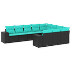 10-teiliges Gartensofa-Set mit Kissen, schwarzes Polyrattan
