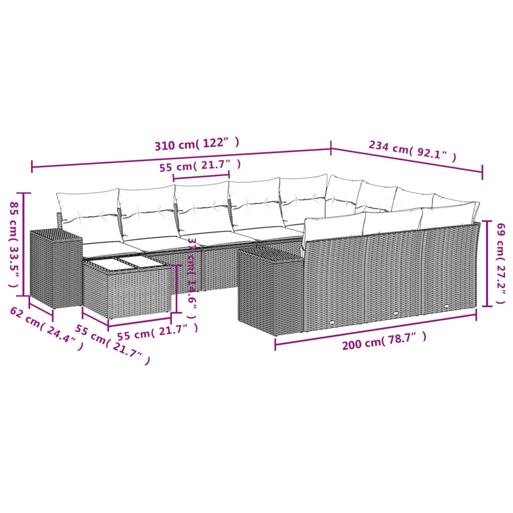 11-teiliges Gartensofa-Set mit Kissen, schwarzes Polyrattan