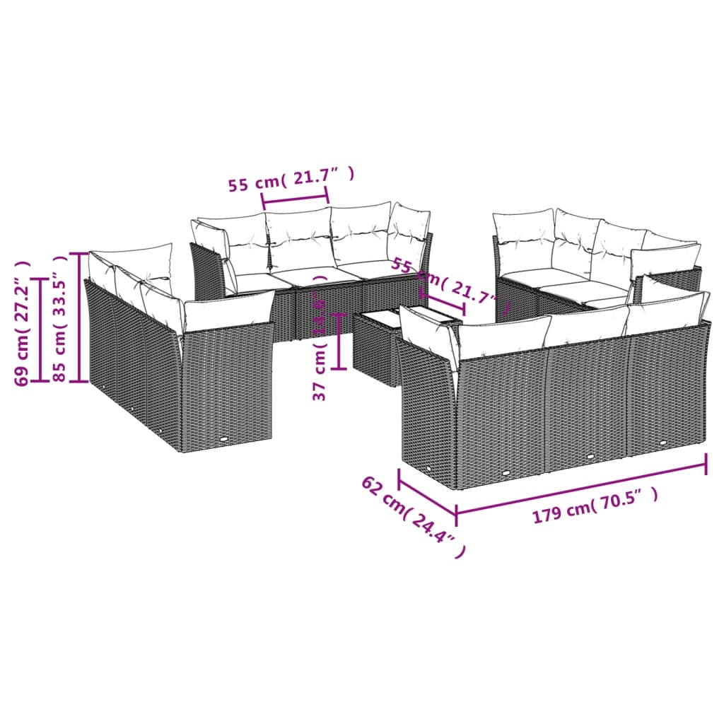 13-tlg. Garten-Sofagarnitur mit Kissen Braun Poly Rattan