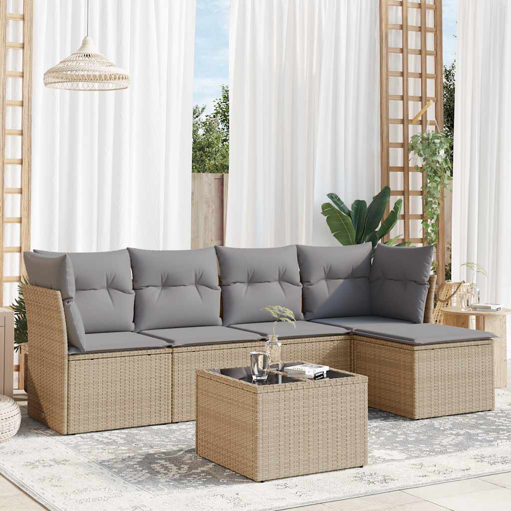 6-tlg. Garten-Sofagarnitur mit Kissen Beige Poly Rattan