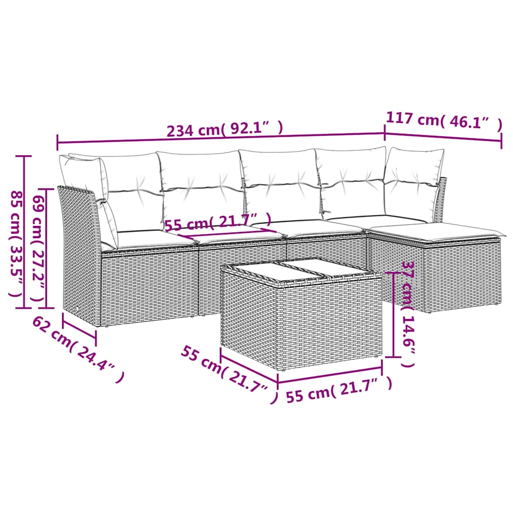 6-tlg. Garten-Sofagarnitur mit Kissen Grau Poly Rattan