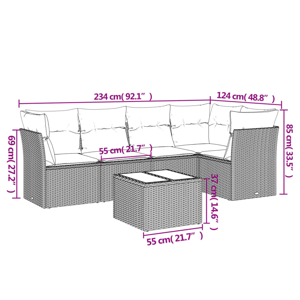 6-tlg. Garten-Sofagarnitur mit Kissen Beige Poly Rattan