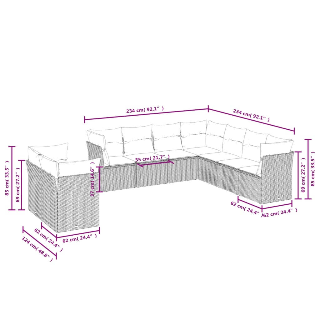 9-teiliges Gartensofa-Set mit Kissen, braun, Polyrattan