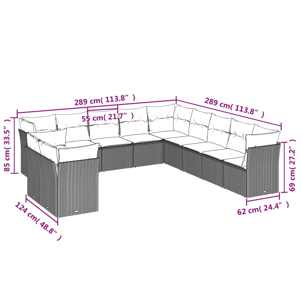 11-teiliges Gartensofa-Set mit Kissen, schwarzes Polyrattan