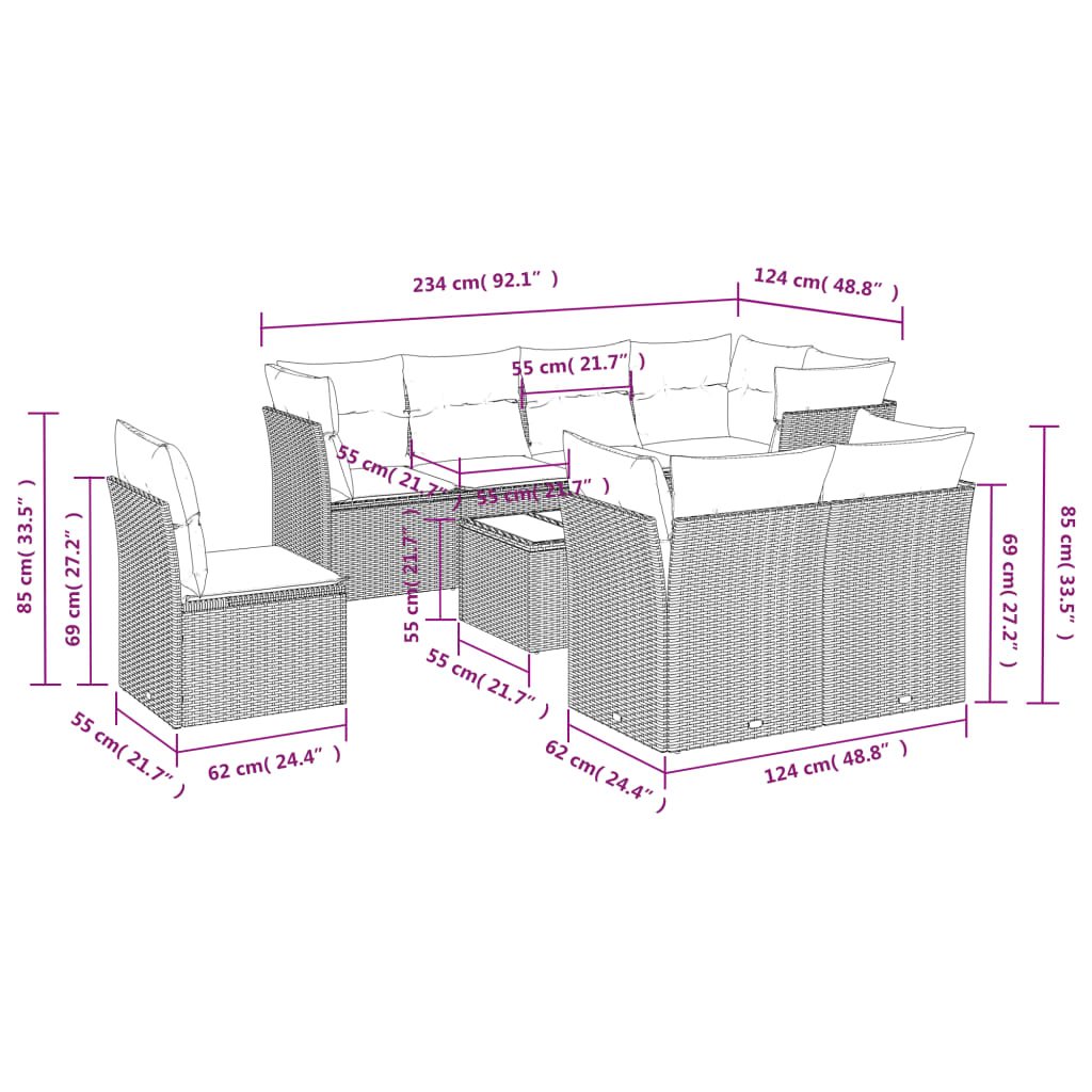 9-tlg. Garten-Sofagarnitur mit Kissen Braun Poly Rattan