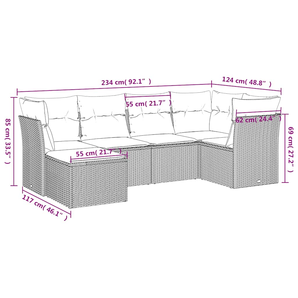 6-tlg. Garten-Sofagarnitur mit Kissen Schwarz Poly Rattan