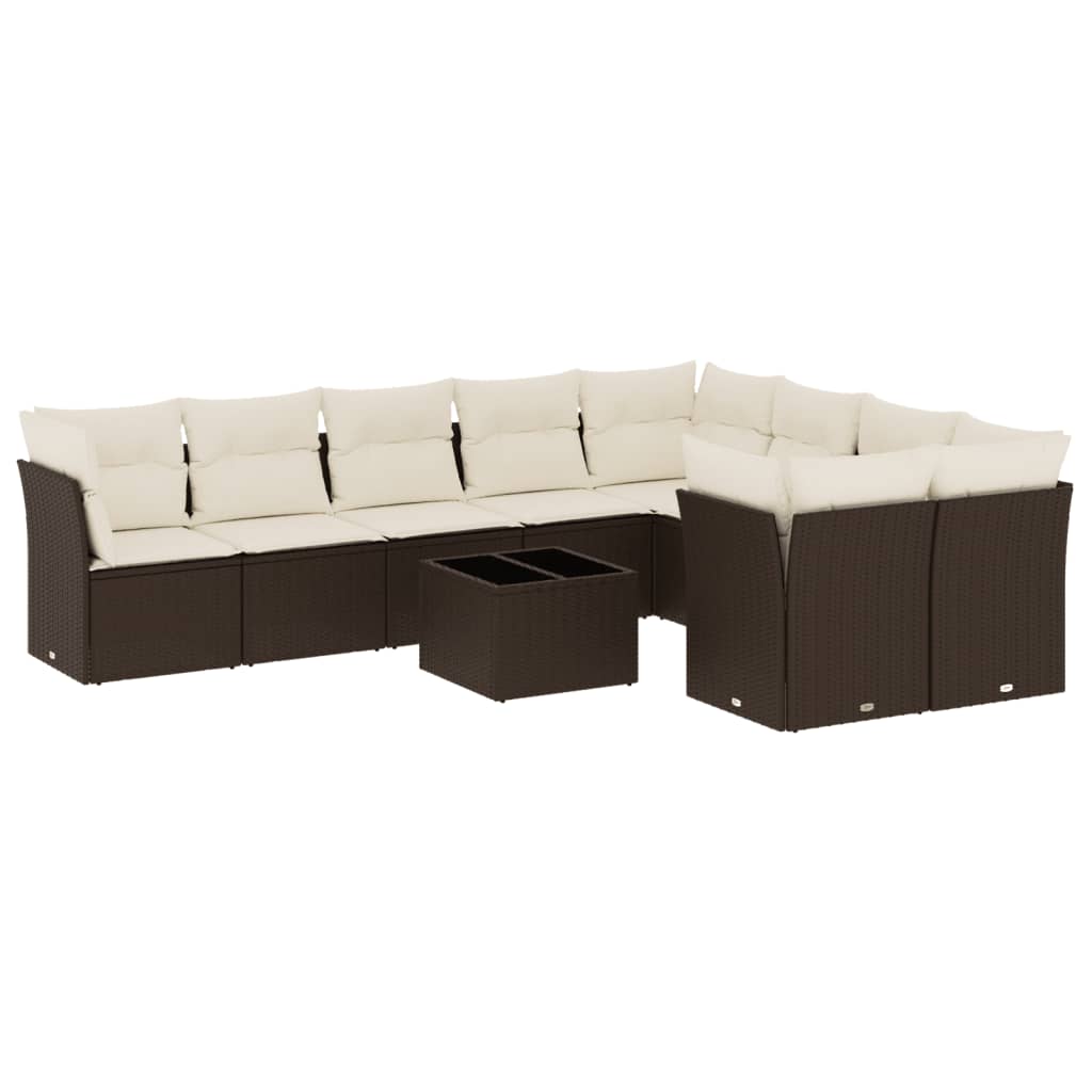 10-tlg. Garten-Sofagarnitur mit Kissen Braun Poly Rattan