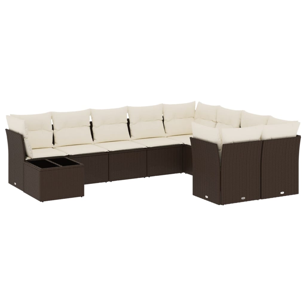 10-tlg. Garten-Sofagarnitur mit Kissen Braun Poly Rattan