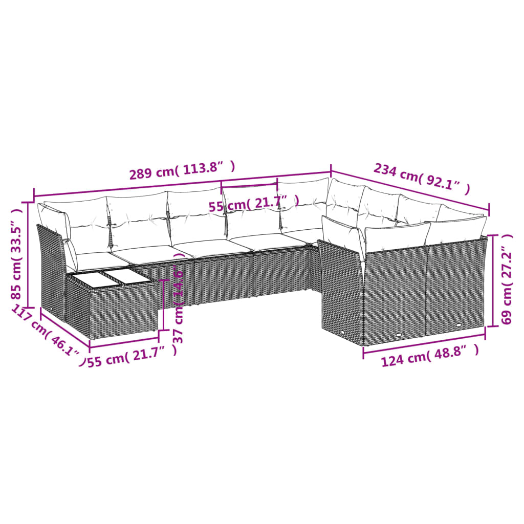 10-tlg. Garten-Sofagarnitur mit Kissen Braun Poly Rattan