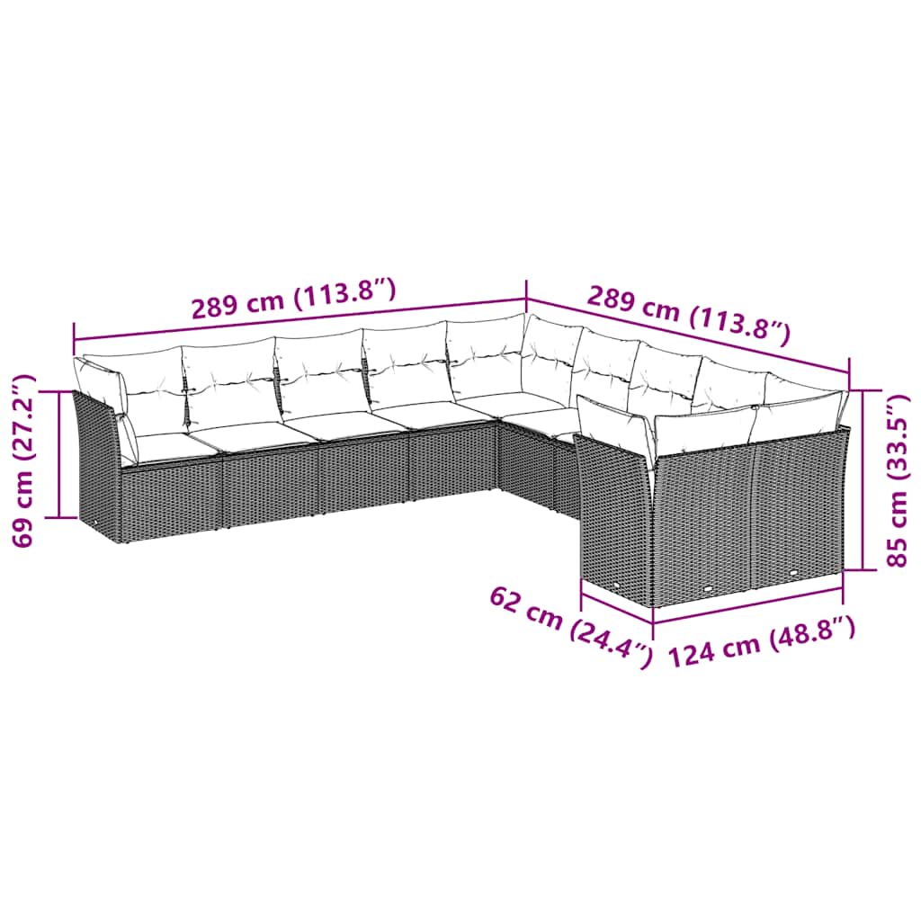 10-tlg. Garten-Sofagarnitur mit Kissen Hellgrau Poly Rattan