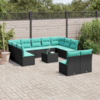 12-teiliges Gartensofa-Set mit Kissen, schwarzes Polyrattan