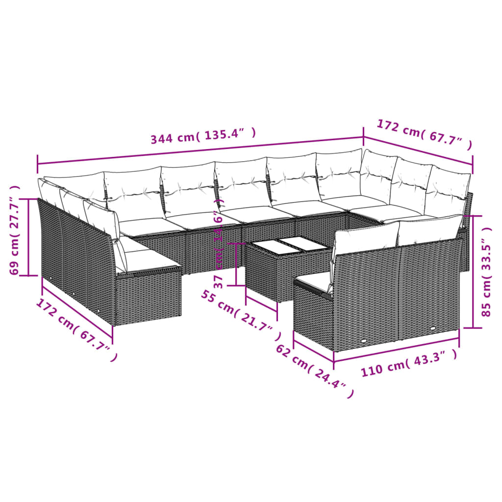 13-tlg. Garten-Sofagarnitur mit Kissen Braun Poly Rattan