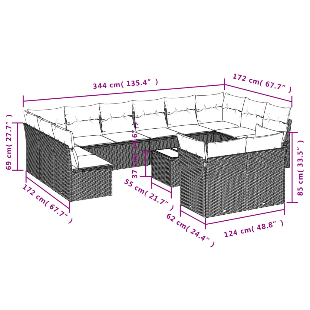 13-tlg. Garten-Sofagarnitur mit Kissen Braun Poly Rattan