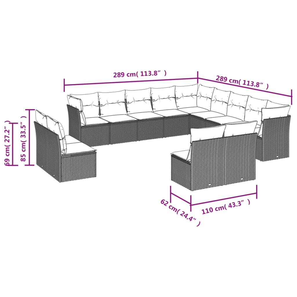 13-teiliges Gartensofa-Set mit Kissen, braun, Polyrattan