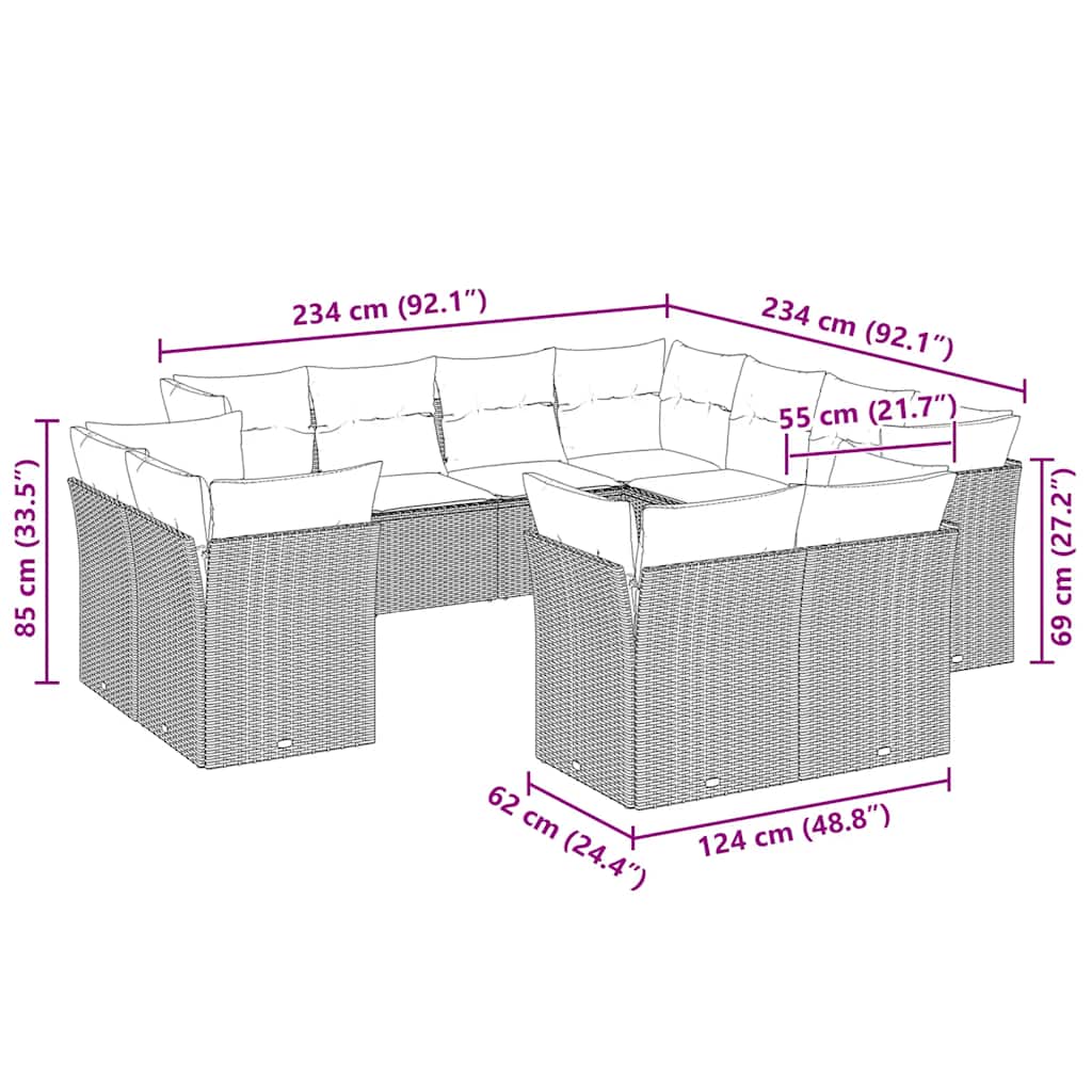 11-tlg. Garten-Sofagarnitur mit Kissen Hellgrau Poly Rattan