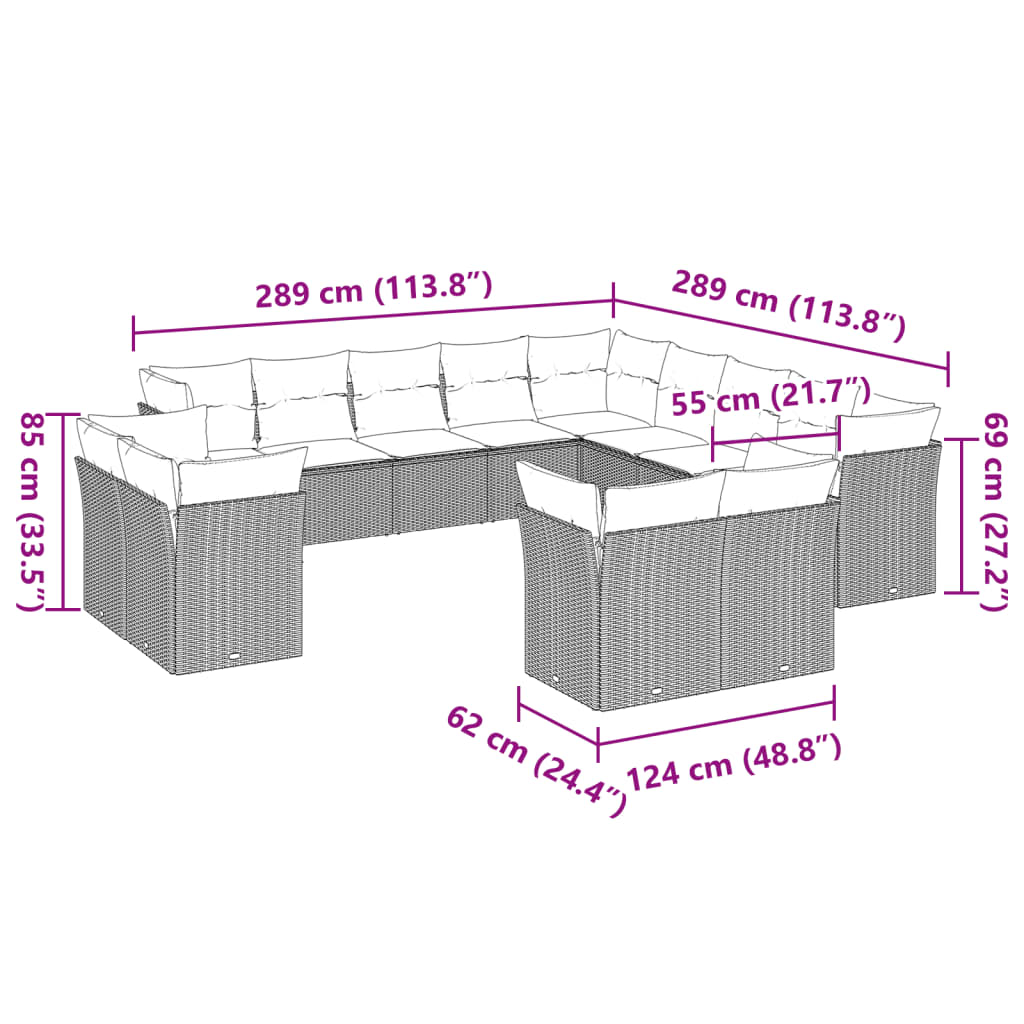 13-tlg. Garten-Sofagarnitur mit Kissen Hellgrau Poly Rattan