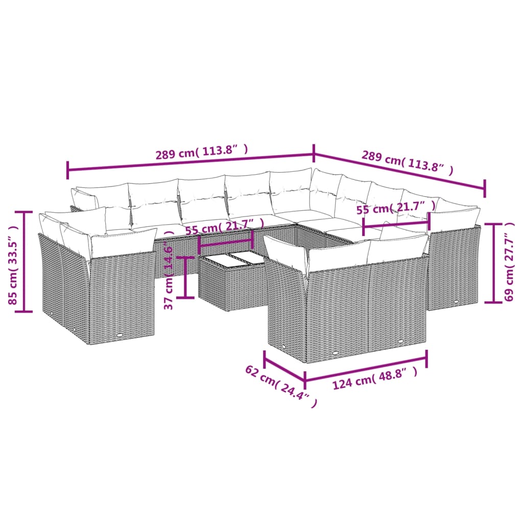 14-tlg. Garten-Sofagarnitur mit Kissen Schwarz Poly Rattan