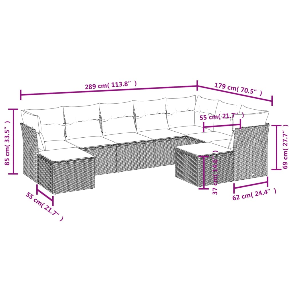9-tlg. Garten-Sofagarnitur mit Kissen Grau Poly Rattan