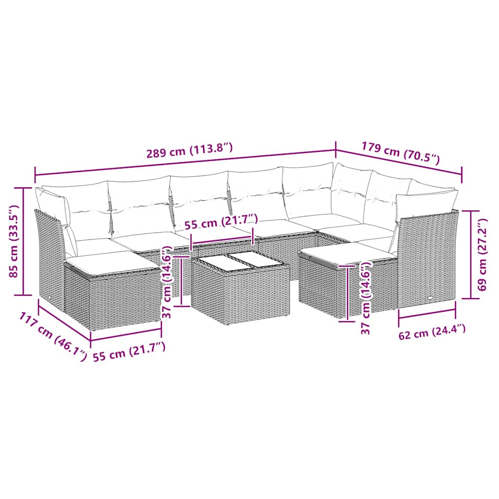 10-tlg. Garten-Sofagarnitur mit Kissen Schwarz Poly Rattan