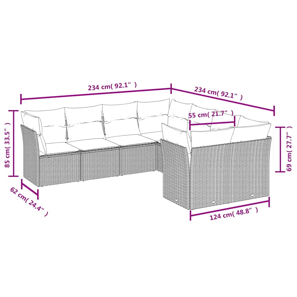 8-tlg. Garten-Sofagarnitur mit Kissen Schwarz Poly Rattan