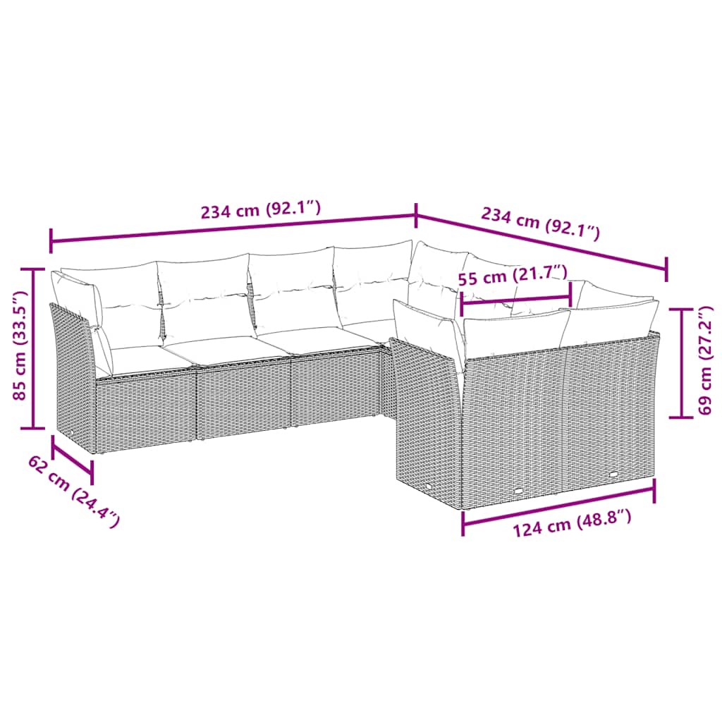 8-tlg. Garten-Sofagarnitur mit Kissen Braun Poly Rattan