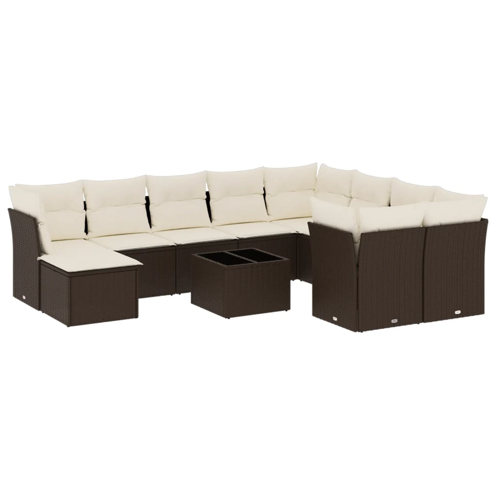 11-tlg. Garten-Sofagarnitur mit Kissen Braun Poly Rattan