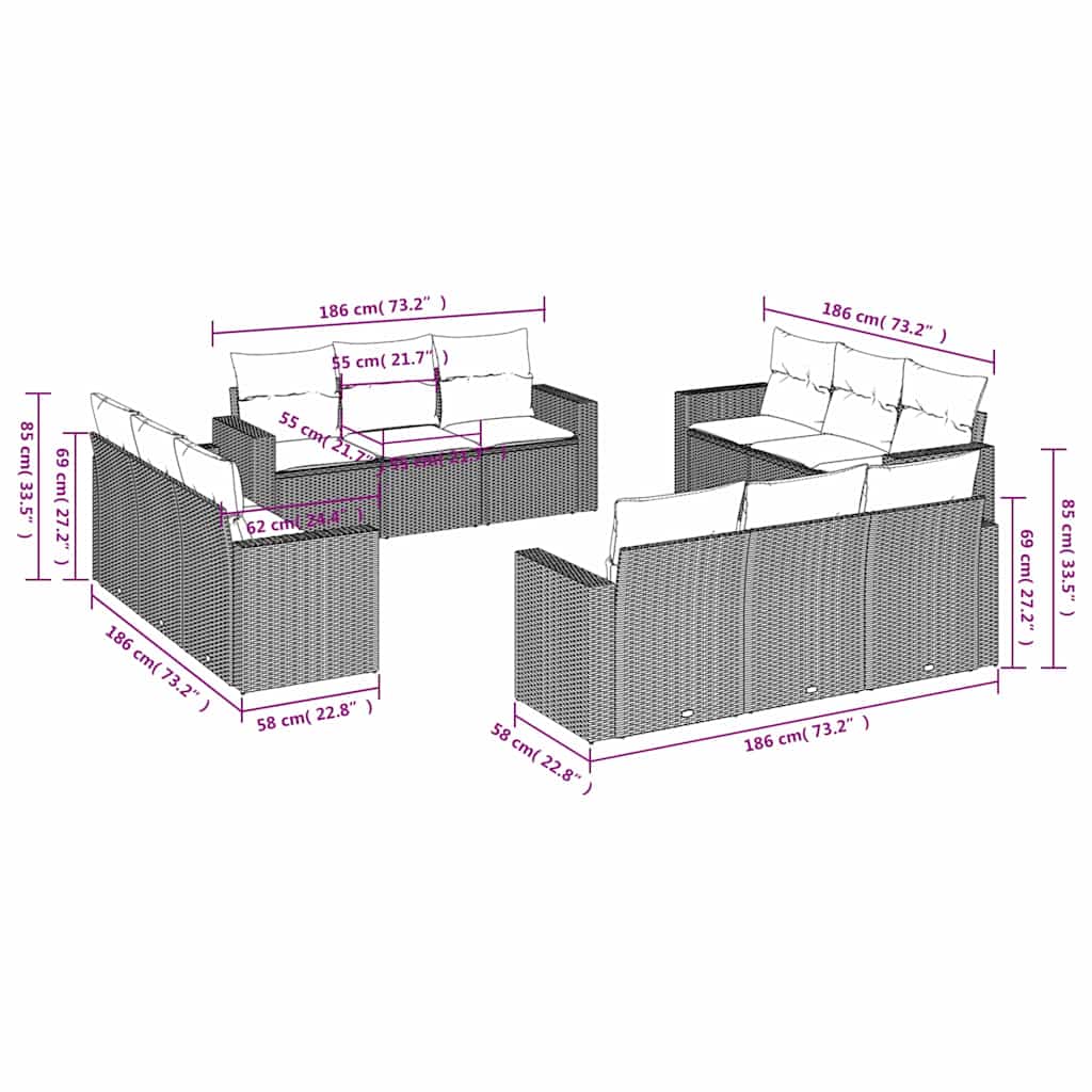 12-tlg. Garten-Sofagarnitur mit Kissen Schwarz Poly Rattan