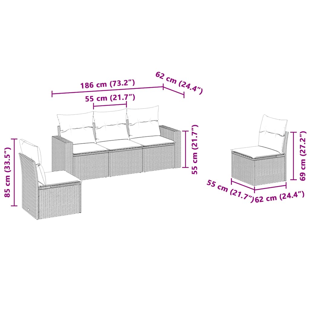 5-tlg. Garten-Sofagarnitur mit Kissen Hellgrau Poly Rattan
