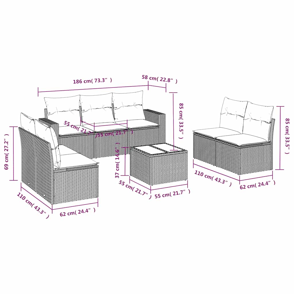 8-tlg. Garten-Sofagarnitur mit Kissen Schwarz Poly Rattan