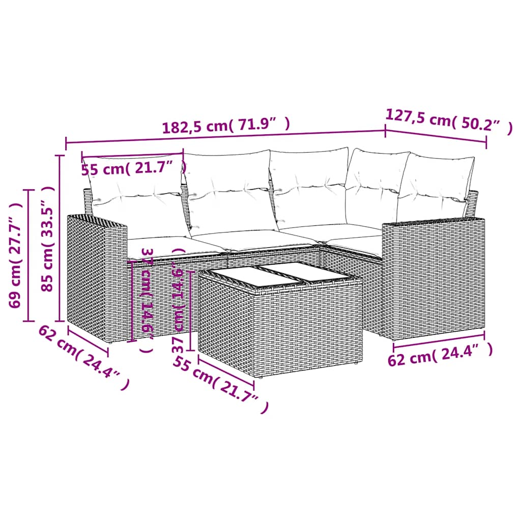 5-tlg. Garten-Sofagarnitur mit Kissen Schwarz Poly Rattan