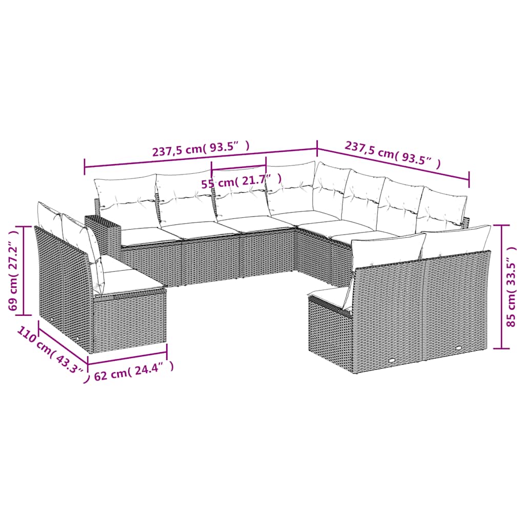 11-tlg. Garten-Sofagarnitur mit Kissen Schwarz Poly Rattan