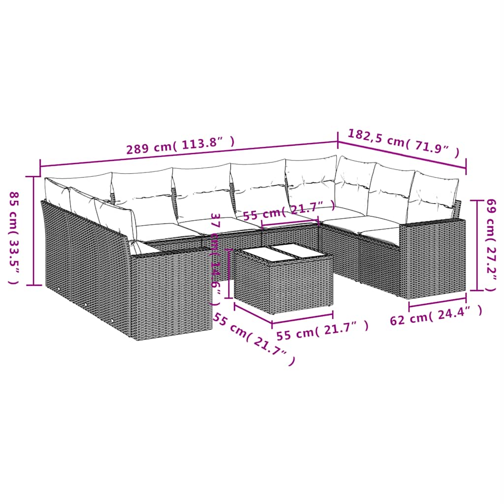 10-tlg. Garten-Sofagarnitur mit Kissen Schwarz Poly Rattan