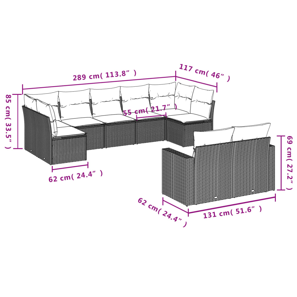 9-tlg. Garten-Sofagarnitur mit Kissen Braun Poly Rattan