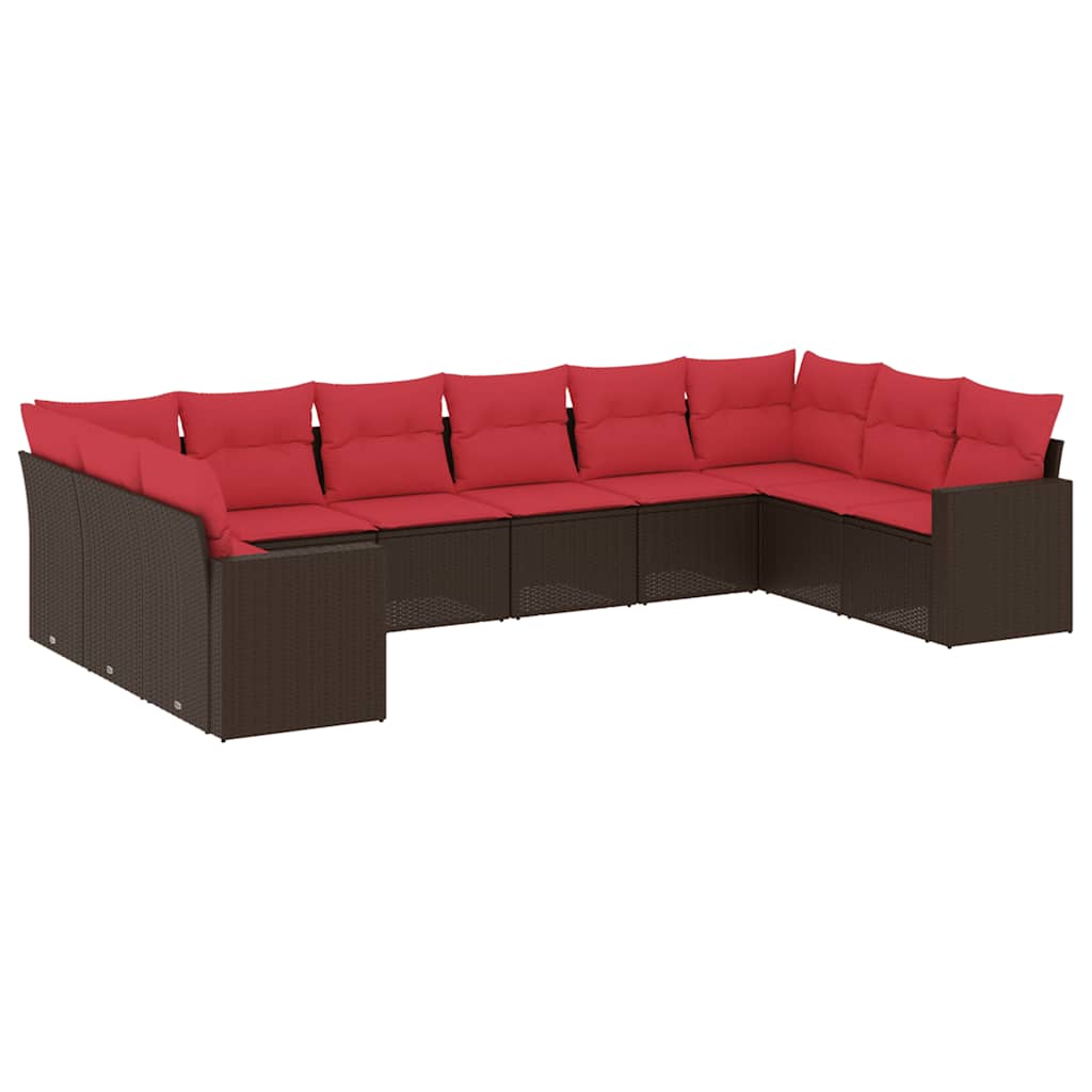 10-tlg. Garten-Sofagarnitur mit Kissen Braun Poly Rattan