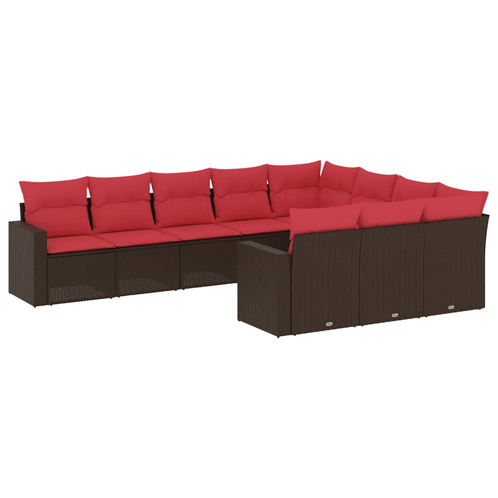10-tlg. Garten-Sofagarnitur mit Kissen Braun Poly Rattan