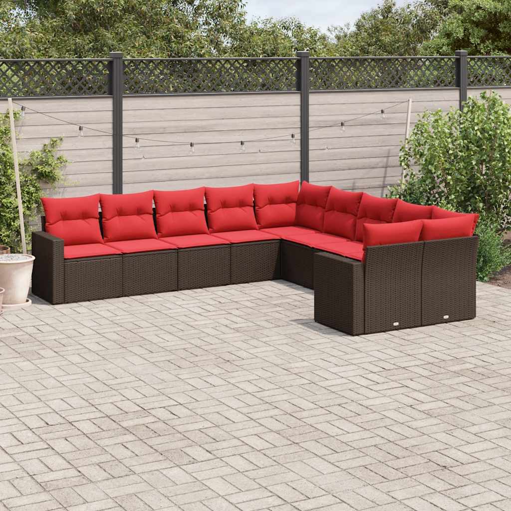 10-tlg. Garten-Sofagarnitur mit Kissen Braun Poly Rattan