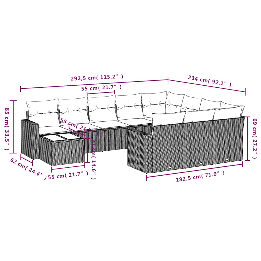 11-teiliges Gartensofa-Set mit Kissen, schwarzes Polyrattan