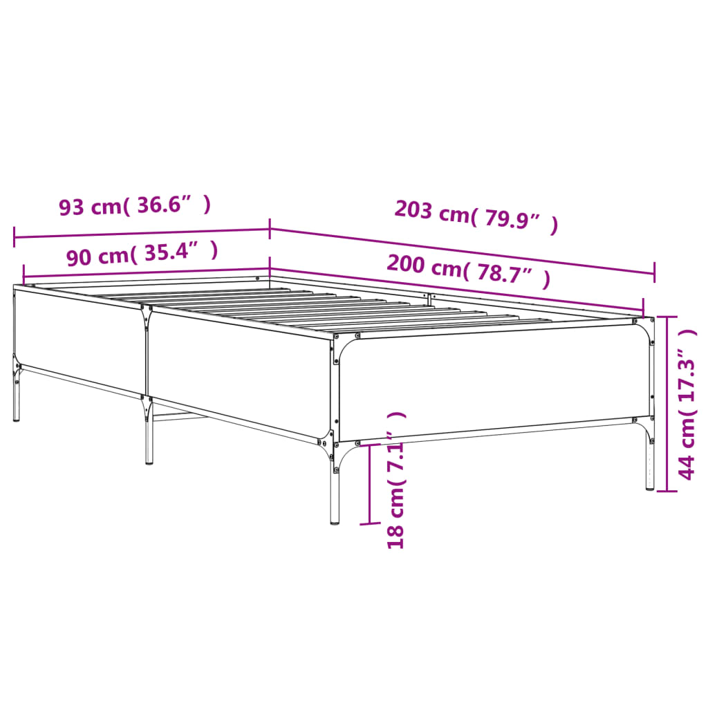 Bettgestell Grau Sonoma 90x200 cm Holzwerkstoff und Metall