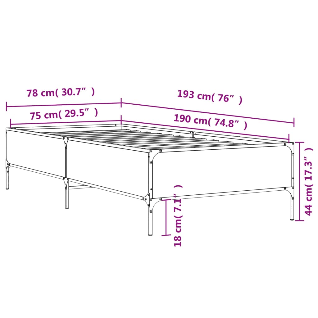 Bettgestell Grau Sonoma 75x190 cm Holzwerkstoff und Metall