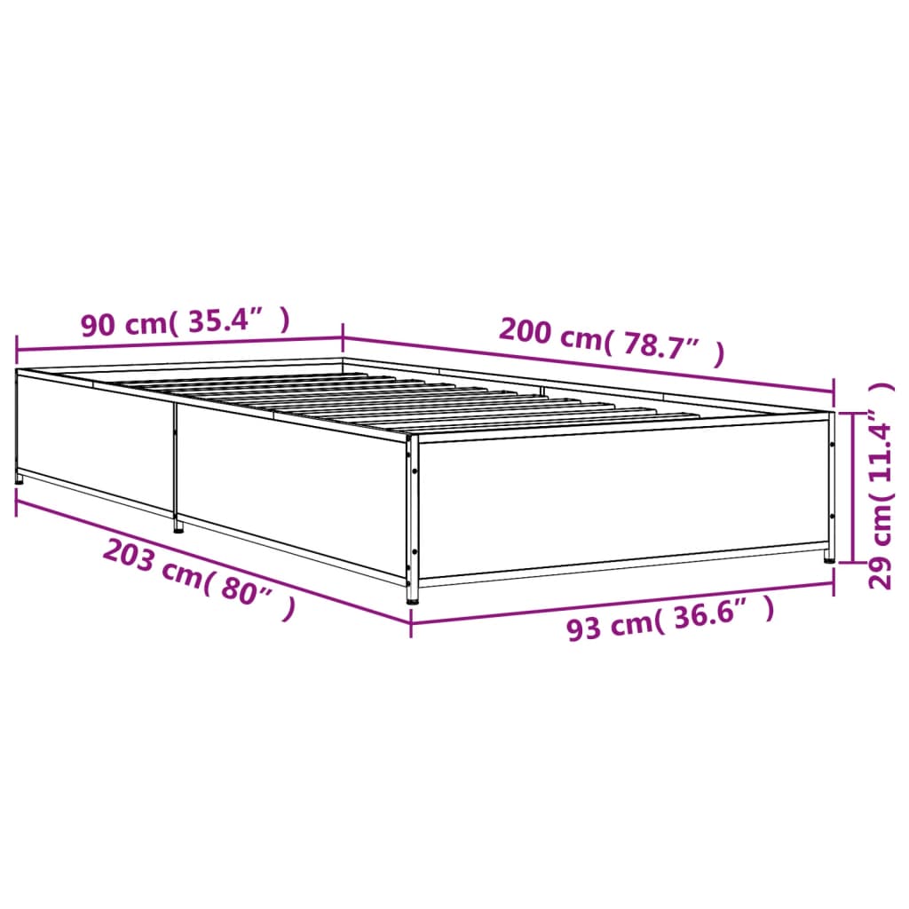 Bettgestell Grau Sonoma 90x200 cm Holzwerkstoff und Metall