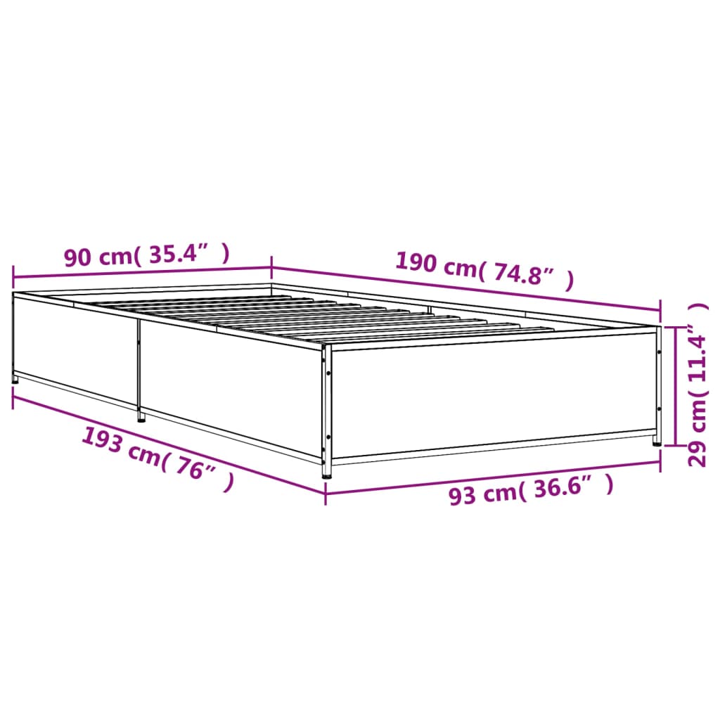 Bettgestell Braun Eichen-Optik 90x190 cm Holzwerkstoff Metall