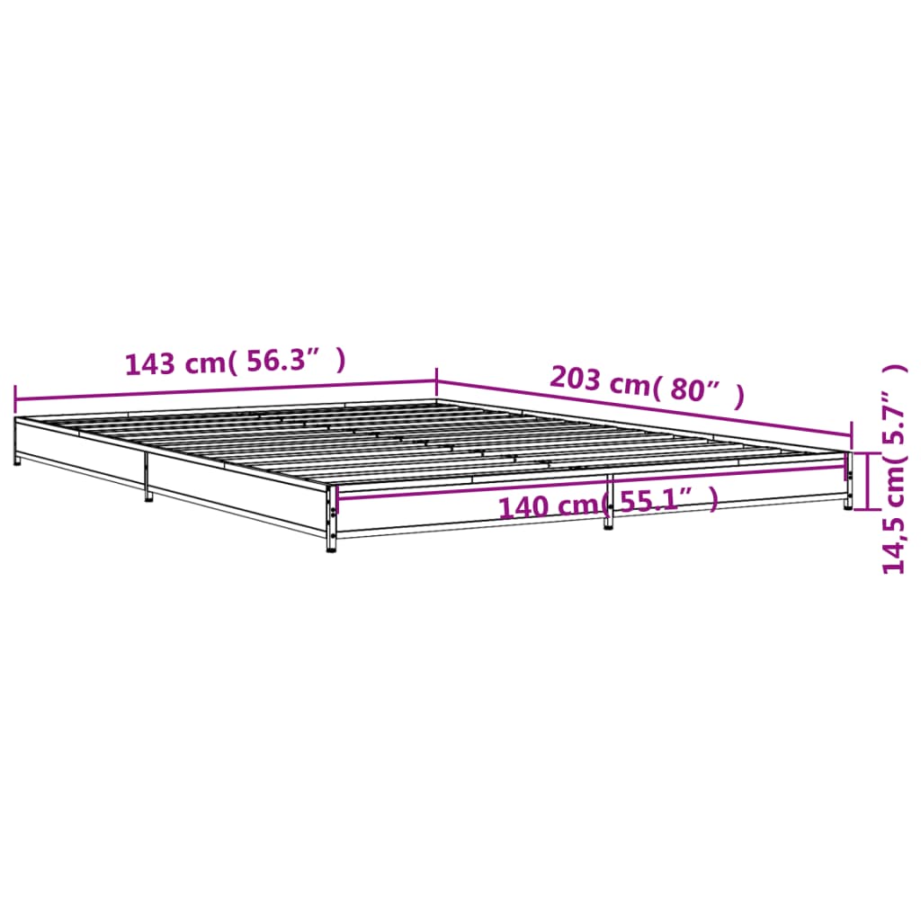 Bettgestell Grau Sonoma 140x200 cm Holzwerkstoff und Metall