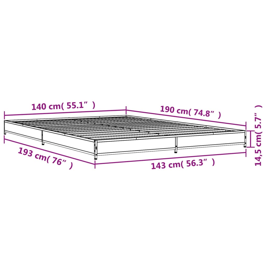 Bettgestell Grau Sonoma 140x190 cm Holzwerkstoff und Metall