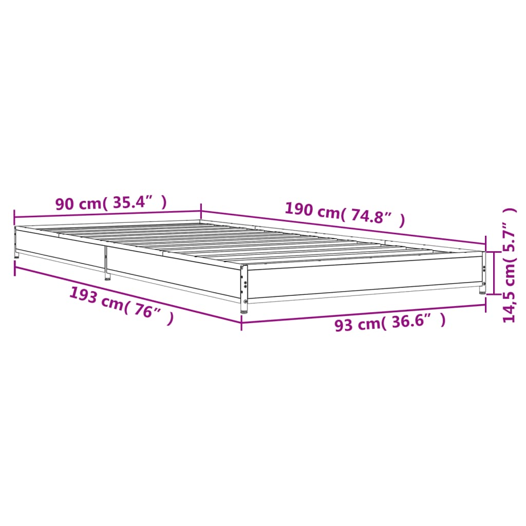 Bettgestell Grau Sonoma 90x190 cm Holzwerkstoff und Metall